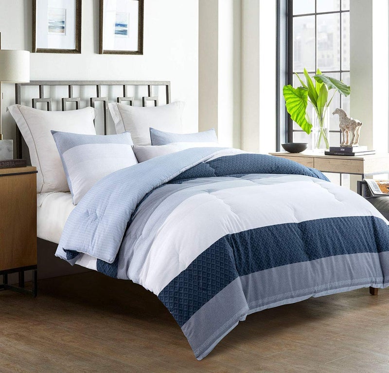 SLEEPBELLA Comforter King Size, 600 Thread Count Cotton White and Navy Striped Patchwork Reversible Pattern Reversible Blue Comforter Set,Down Alternative Bedding Set 3Pcs (King, Blue Patchwork) - Image 3